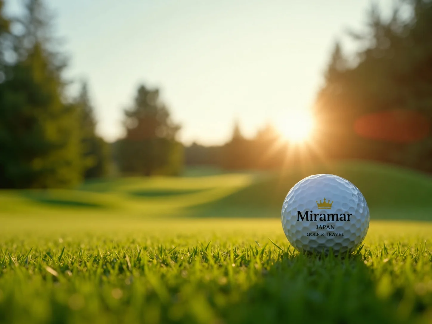 夕陽下印有 Miramar Japan Golf & Travel 品牌標誌的高爾夫球